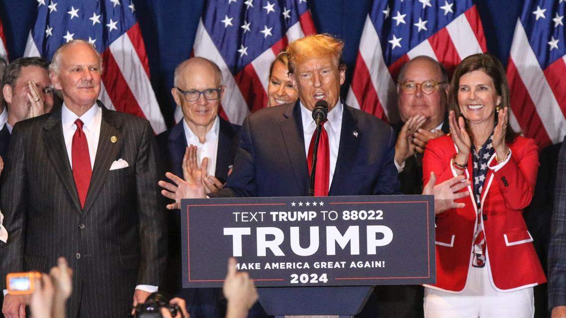 Trump gives a speech after his win in the South Carolina primary