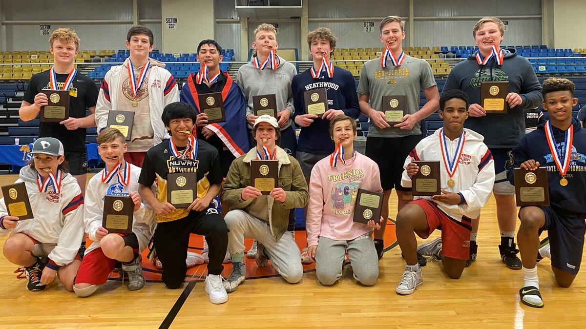 Individual winners s pose for photo at the 2022 SCISA wrestling state championships on Feb. 12, 2022.