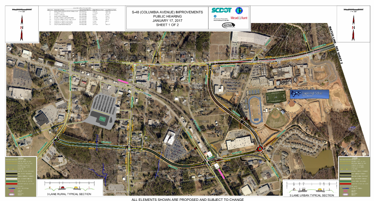 A map of the area around Columbia Avenue where it runs by Chapin High School, and planned SC DOT improvements to the area.
