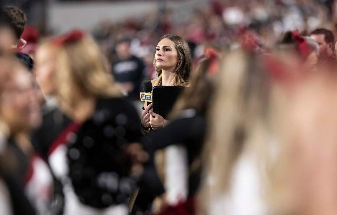 SEC Network reporter Alyssa Lang watches the Gamecocks game against Missouri at Williams-Brice Stadium in Columbia, SC on Saturday, Oct. 29, 2022.