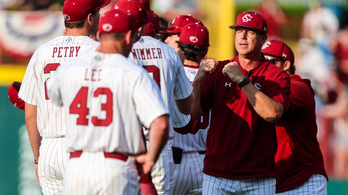 South Carolina Gamecocks head coach Mark Kingston is introduced before their 2023 NCAA Columbia Regional game against the Central Conn. St. Blue Devils at Founders Park in Columbia, SC, Friday, June 2, 2023.