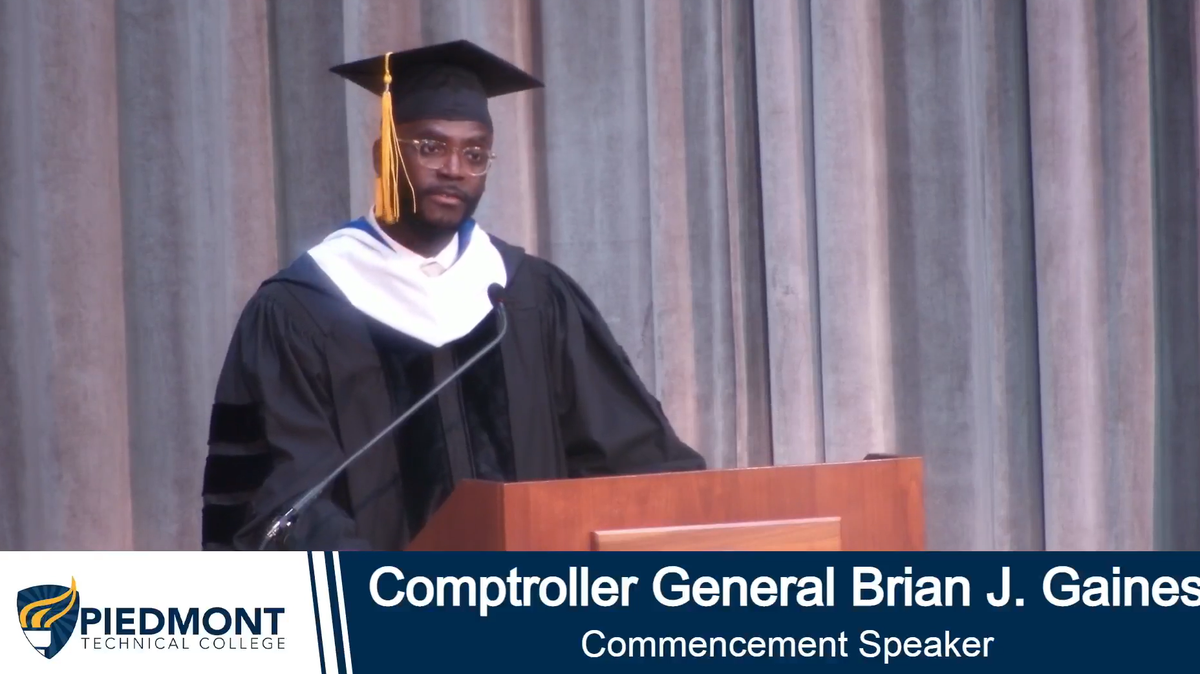 South Carolina Comptroller General Brian Gaines delivers a commencement address at Piedmont Technical College on Thursday, May 8, 2025.