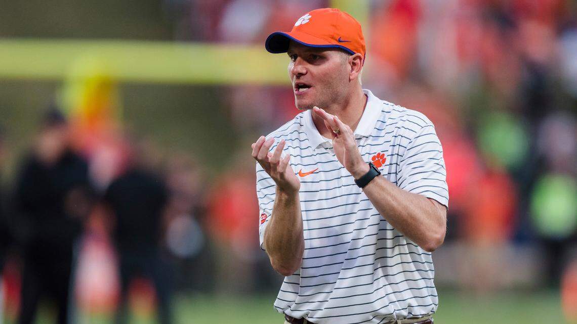 Brandon Streeter, Clemson Offensive Coordinator, looks on before an NCAA college football game against North Carolina State Saturday, Oct. 1, 2022, in Clemson, S.C. (AP Photo/Jacob Kupferman)