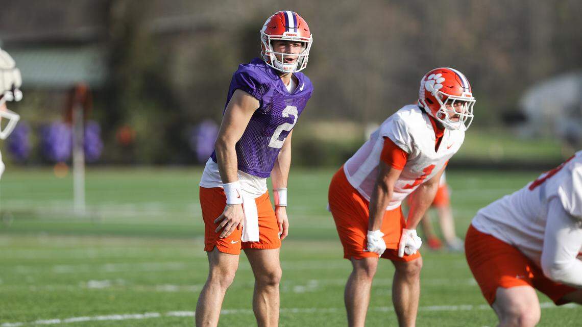 Clemson quarterback Cade Klubnik (2) and Will Shipley (1) during spring practice in Clemson on March 6 , 2023