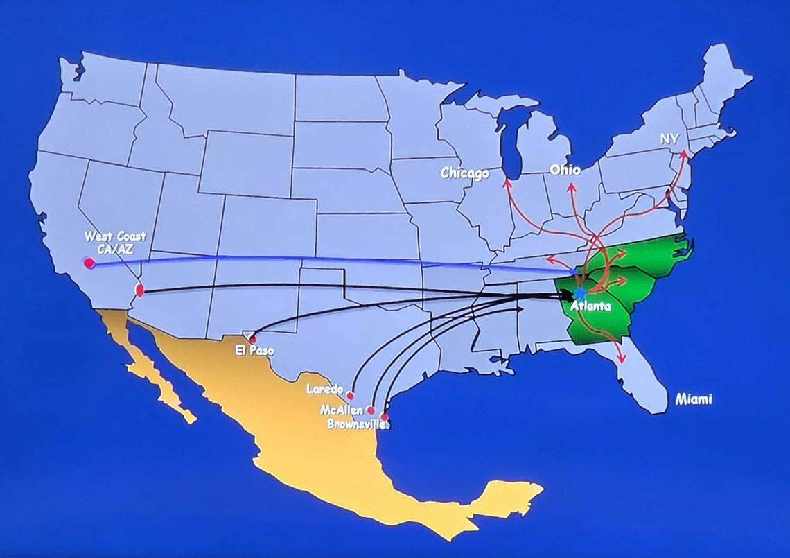 A slide from a presentation by the DEA on Sept. 17, 2025, shows distribution channels of fentanyl into South Carolina.