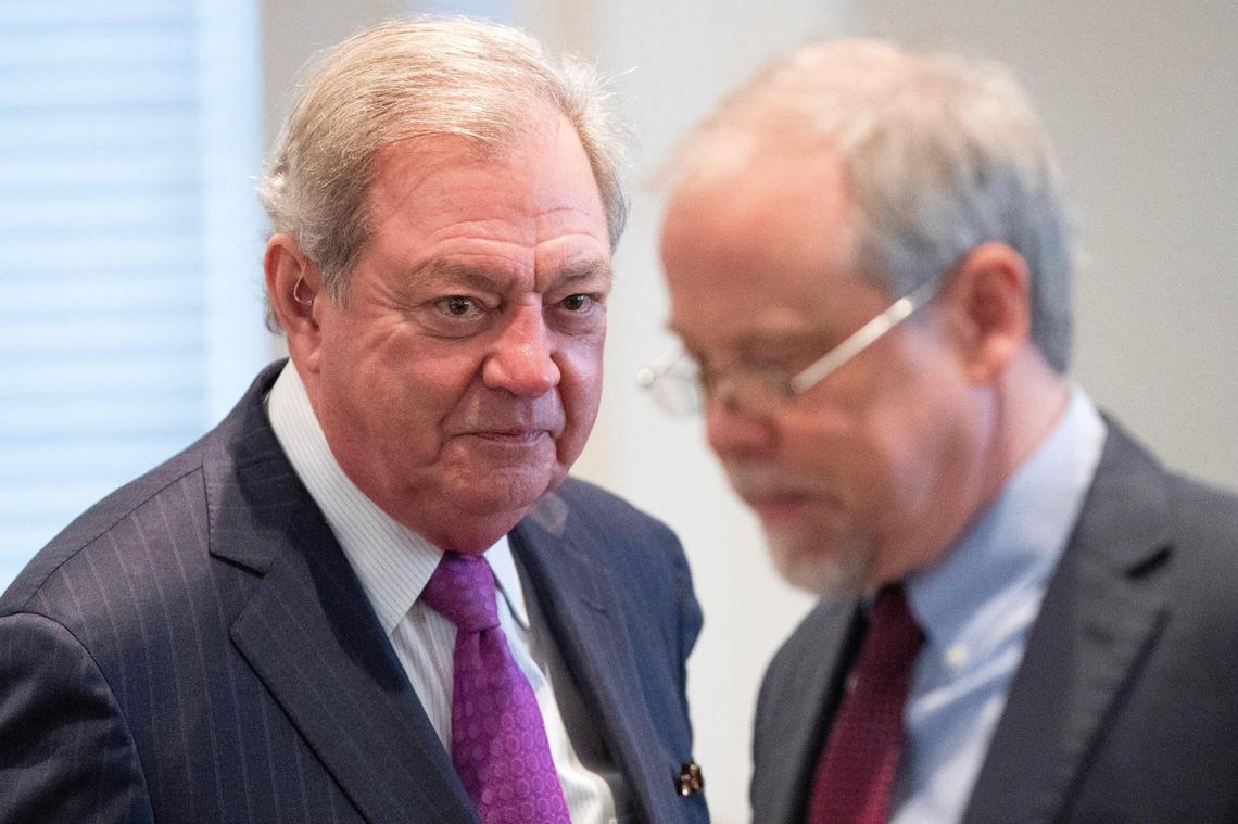 Dick Harpootlian speaks with Creighton Waters during jury selection for the Alex Murdaugh murder trial at the Colleton County Courthouse on Monday, January 23, 2023. Joshua Boucher/The State/Pool