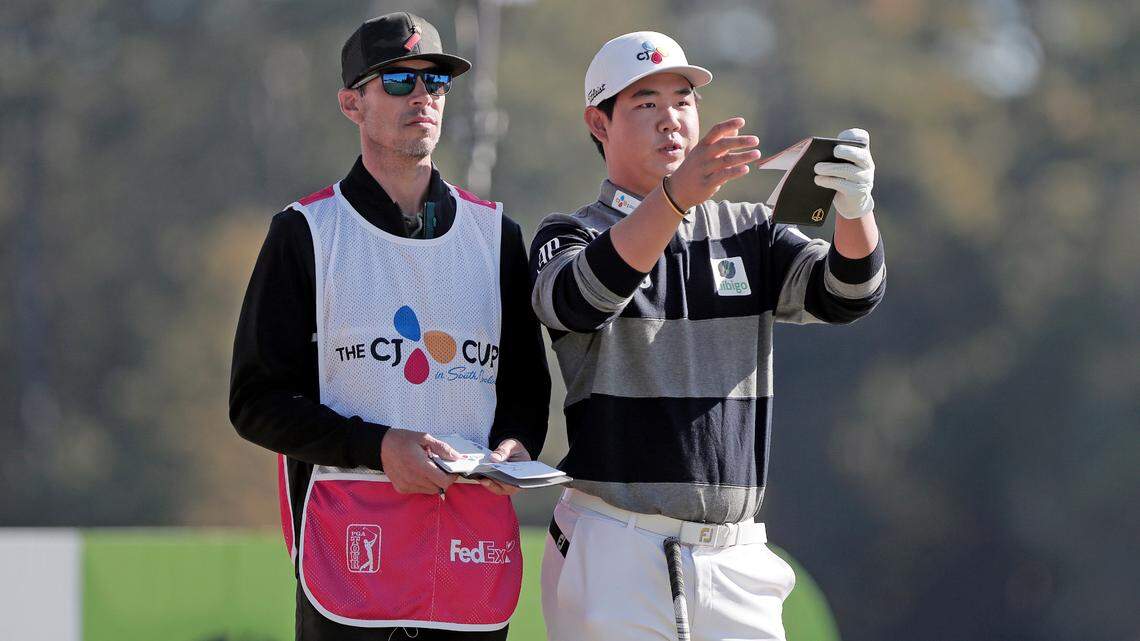 Tom Kim prepares to tee off in Thursday’s first round of the 2022 CJ Cup in South Carolina, held at Congaree Golf Club in Ridgeland.