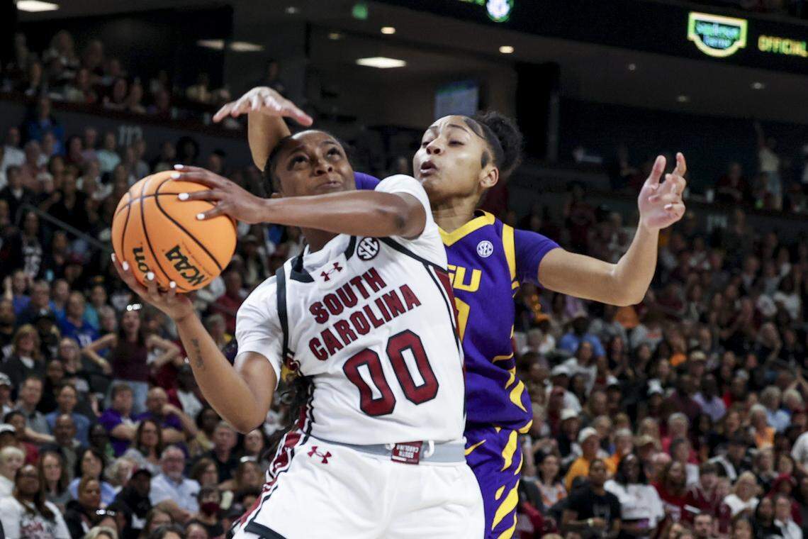 South Carolina's Ta'Niya Latson (00) shoots as Louisiana's Jada Richard (30) pressures during the first half of action of their women's basketball game in the SEC Tournament, against LSU at the Bon Secours Wellness Arena on Saturday, March 7, 2026.