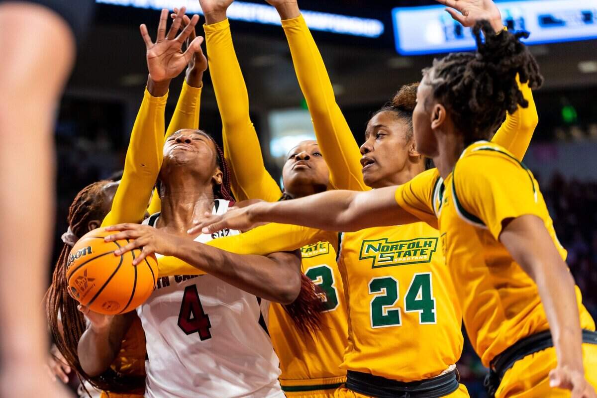 South Carolina forward Aliyah Boston (4) is guarded by four Norfolk State players during their Friday NCAA Tournament game at Colonial Life Arena.