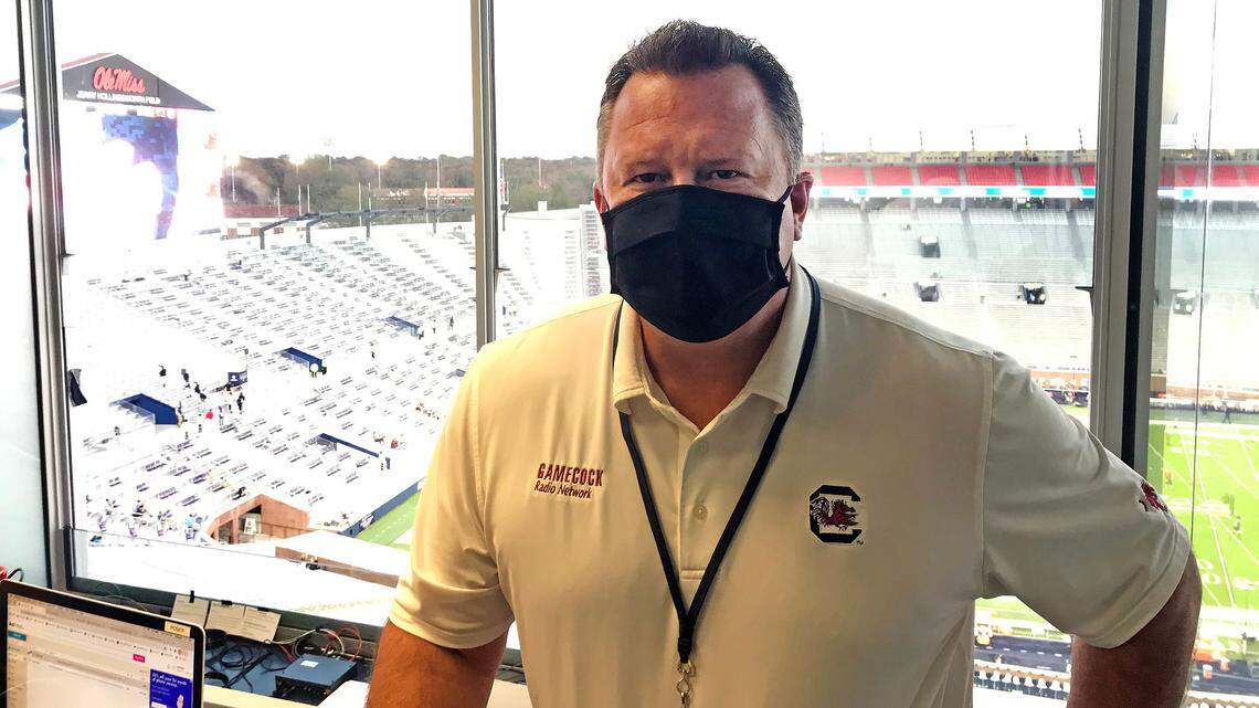 Todd Ellis inside the broadcast booth at Vaught-Hemingway Stadium for South Carolina’s road game at Ole Miss.