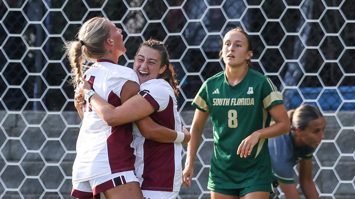 South Carolina players celebrate after scoring during their match against the University of South Florida on Sunday, August 17, 2025.


