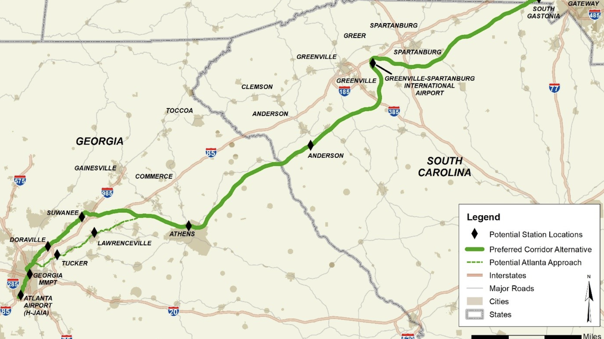 High-speed rail service between Charlotte and Atlanta may include a stop in Greenville.