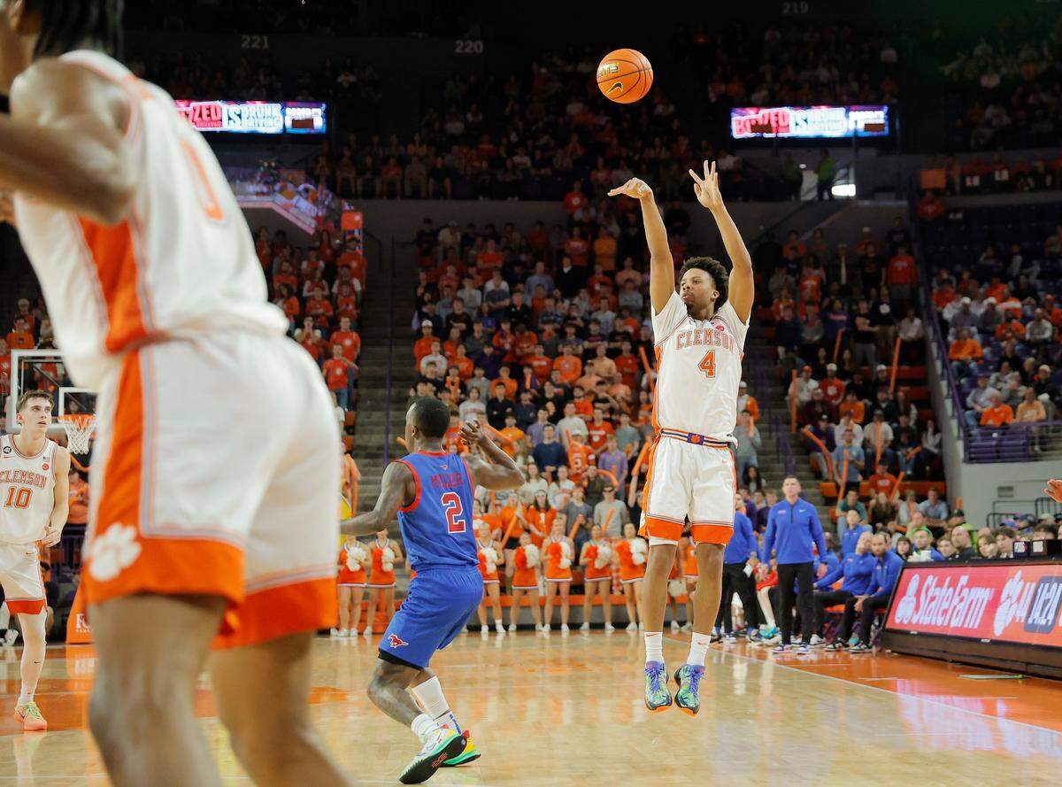 Clemson guard Butta Johnson (4) knocks down a three against SMU in Clemson, S.C. on Wednesday, Jan. 7, 2026.