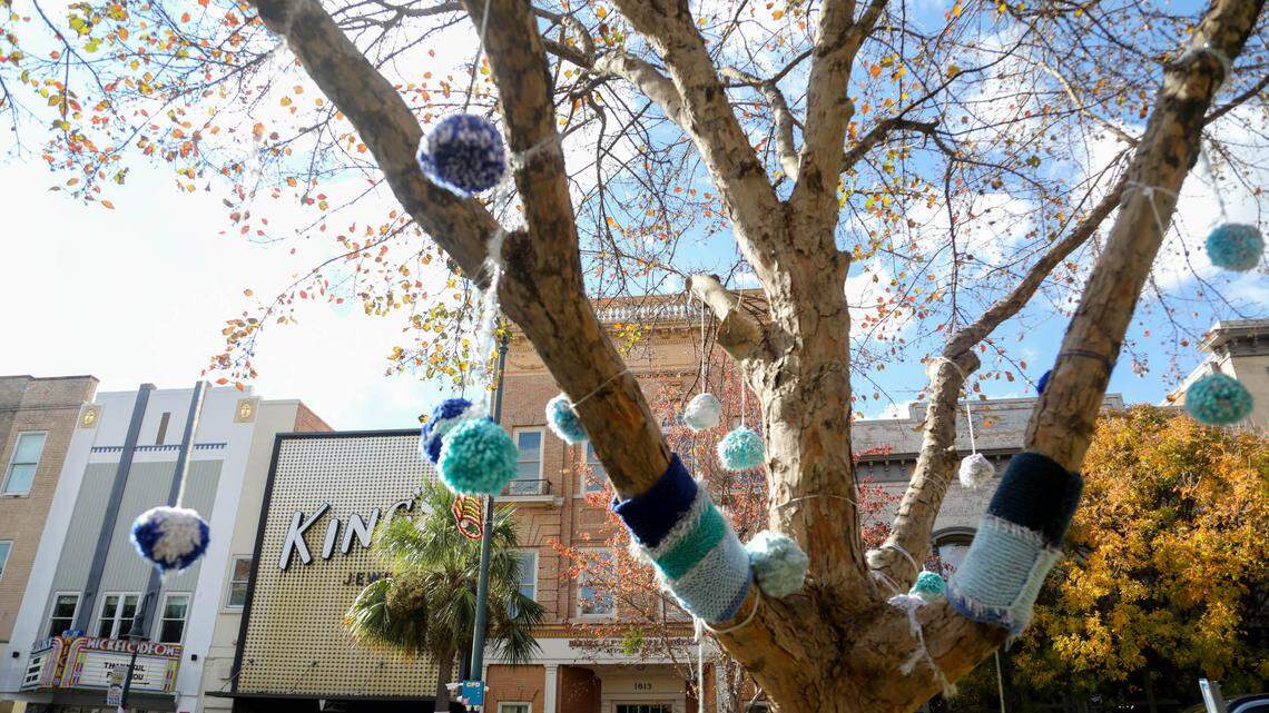Columbia’s Main Street is decorated with yarn creations, called yarn bombing. The group of artisans works all year to produce the decorations. Once the yarn is taken down, it is cleaned and repurposed for scarves, mittens and hats and blankets which are donated.