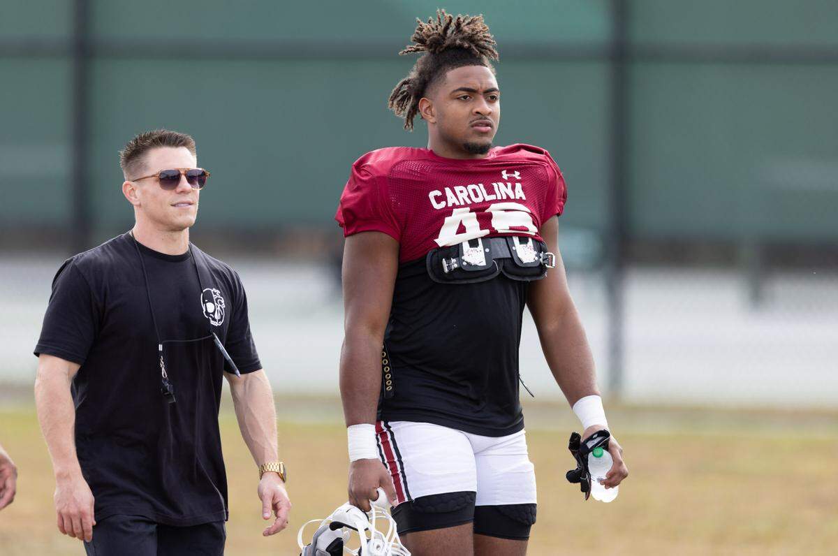 South Carolina edge Bryan Thomas Jr. (46) arrives at practice for the Citrus Bowl at Celebration High School in Celebration, Florida on Friday, December 27, 2024.