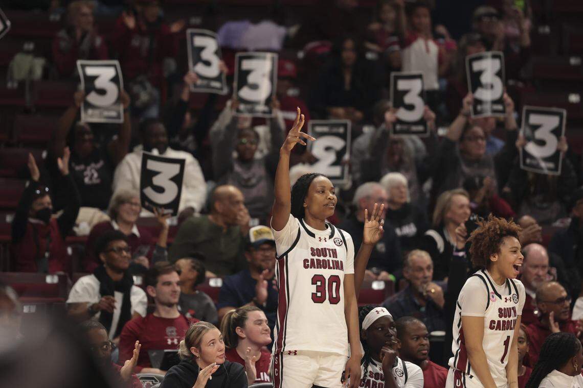 South Carolina's Maryam Dauda (30) celebrates a three-point shot during the second half of action of their women's basketball game against North Carolina Central at Colonial Life Arena on Dec. 7, 2025.
