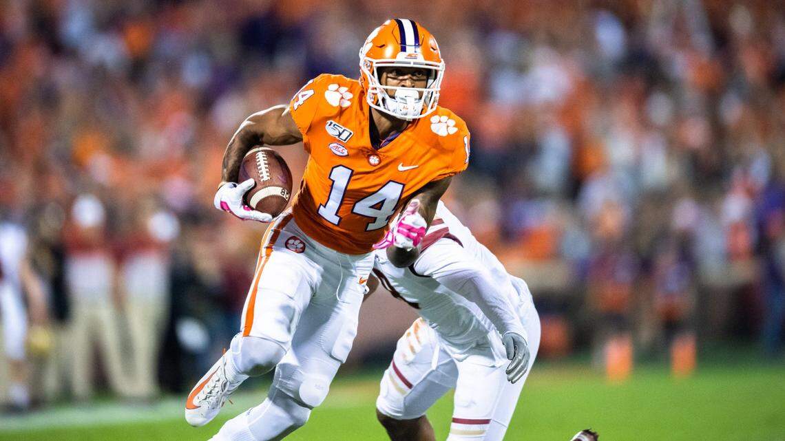 Clemson wide receiver Diondre Overton (14) rushes towards the endzone scoring a touchdown during the first quarter at Memorial Stadium with Boston College in Clemson, South Carolina Saturday, October 26, 2019.