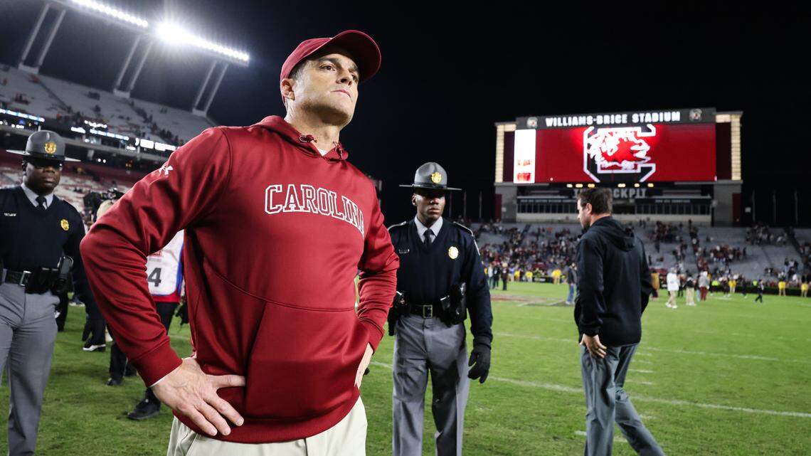 South Carolina head coach Shane Beamer walks across the field following South Carolina’s game against Clemson at Williams-Brice Stadium in Columbia on Saturday, November 25, 2023.


