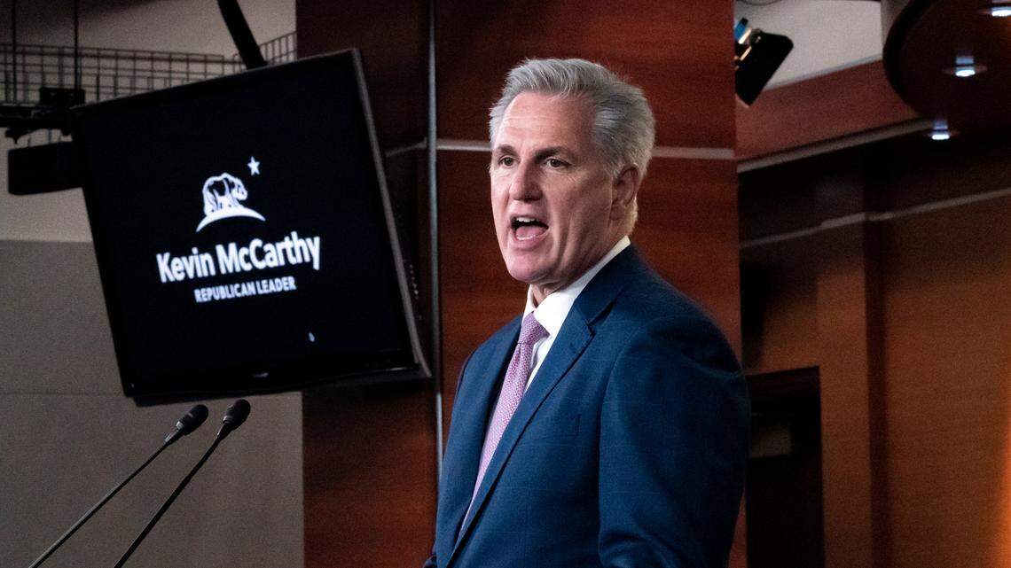 House Minority Leader Kevin McCarthy, R-Calif., speaks to reporters at his weekly news conference, at the Capitol in Washington, Friday, March 18, 2022.