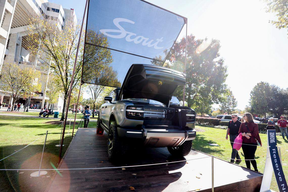 People look at the new Terra truck by Scout Motors. The concept cars were on display at Williams-Brice Stadium before USC’s game against Missouri on Saturday, Nov. 16, 2024.