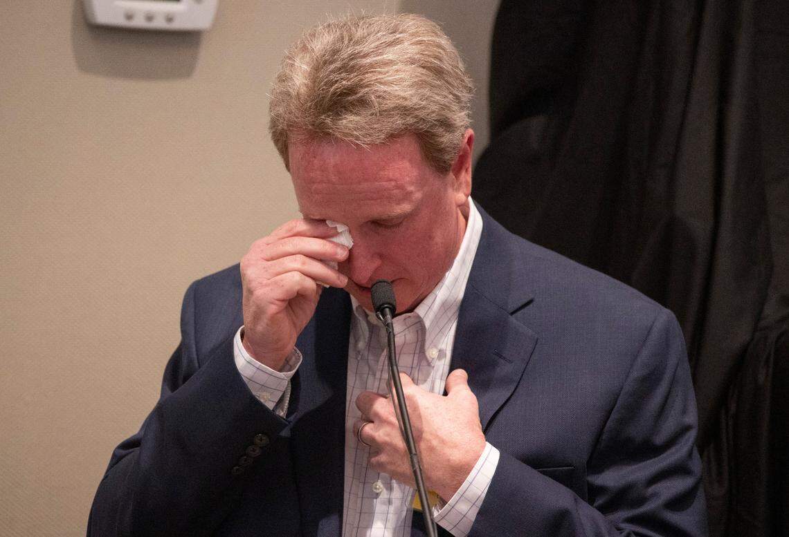 John Marvin Murdaugh, younger brother of Alex Murdaugh, wipes a tear while giving his testimony by defense attorney Jim Griffin during the Alex Murdaugh double murder trial at the Colleton County Courthouse in Walterboro on Day 25 of Monday, Feb. 27, 2023. Andrew J. Whitaker/The Post and Courier/Pool