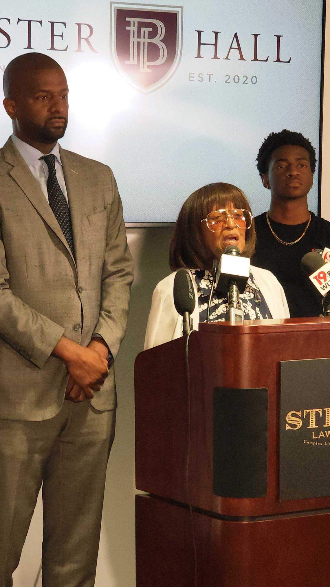 Bettie Jackson, the mother of Byron Jackson, who mysteriously died in police custody in late June, speaks before reporters at the Strom Law Firm on July 15, 2025.