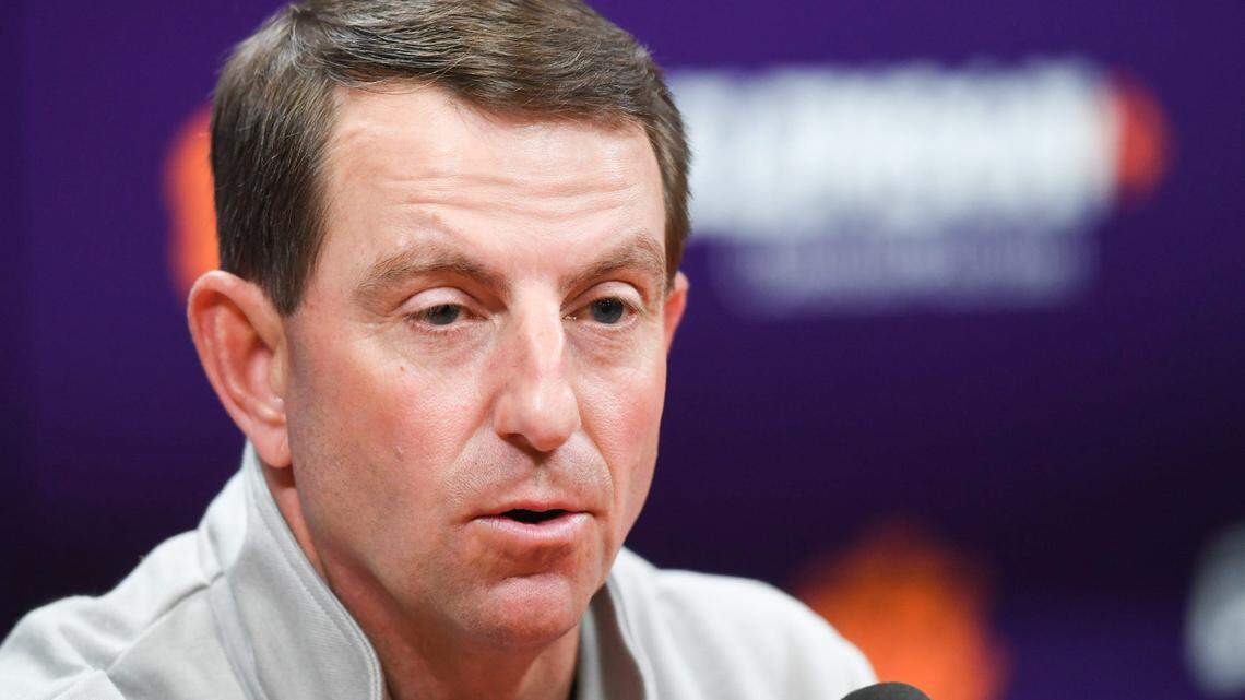 Clemson Head Coach Dabo Swinney introduces newly hired football defensive coordinator Tom Allen, formerly at Penn State University, in the Smart Family Media Center at Clemson University in Clemson, S.C. Wednesday, January 15, 2024.