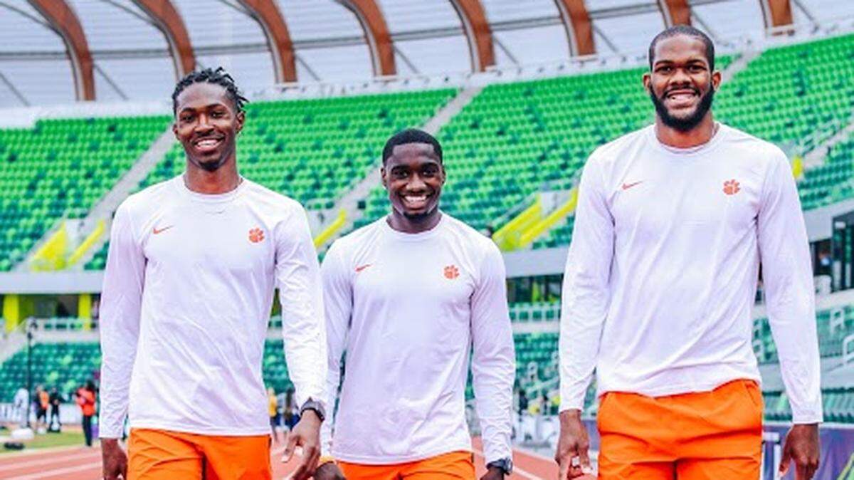 After dealing with having the men’s track and field program discontinued then reinstated in a matter of months, Clemson hurdlers (from left to right) Devon Brooks, Giano Roberts and Lafranz Campbell become the Tigers’ second-ever trio to qualify for the NCAA outdoor national championship in the 110-meter hurdles.