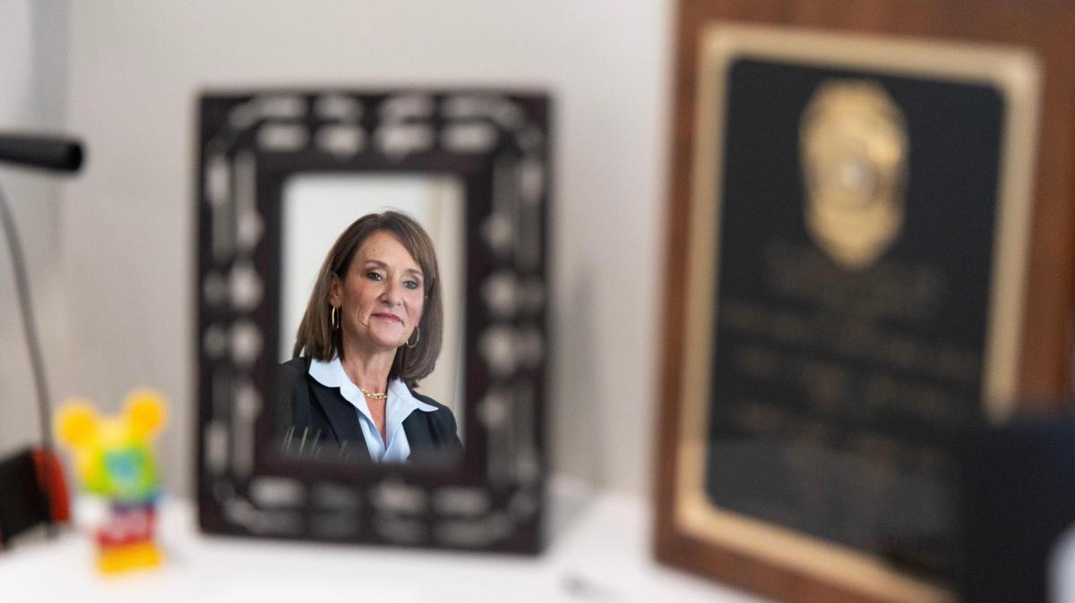 Lori Murray, a personal injury and criminal defense lawyer who’s news and legal analysis has won her TikTok fame, at her office on Thursday, October 19, 2023. Near her badge she received as a solicitor and mementos from her career leans her gear for recording TikTok videos.