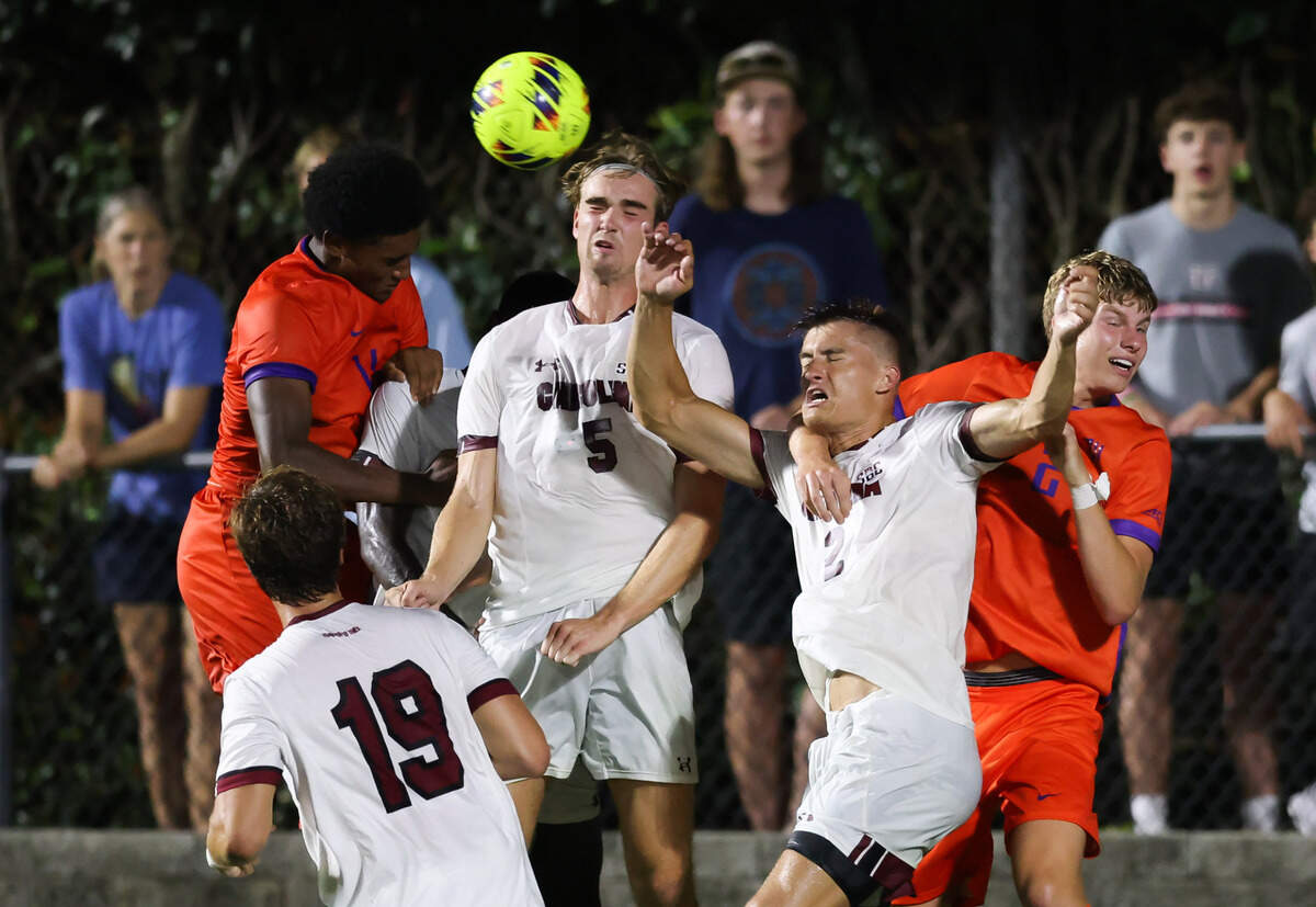 Players for up during a corner kick during the Gamecocks’ game against Tigers in Columbia on Friday, August 30, 2024.