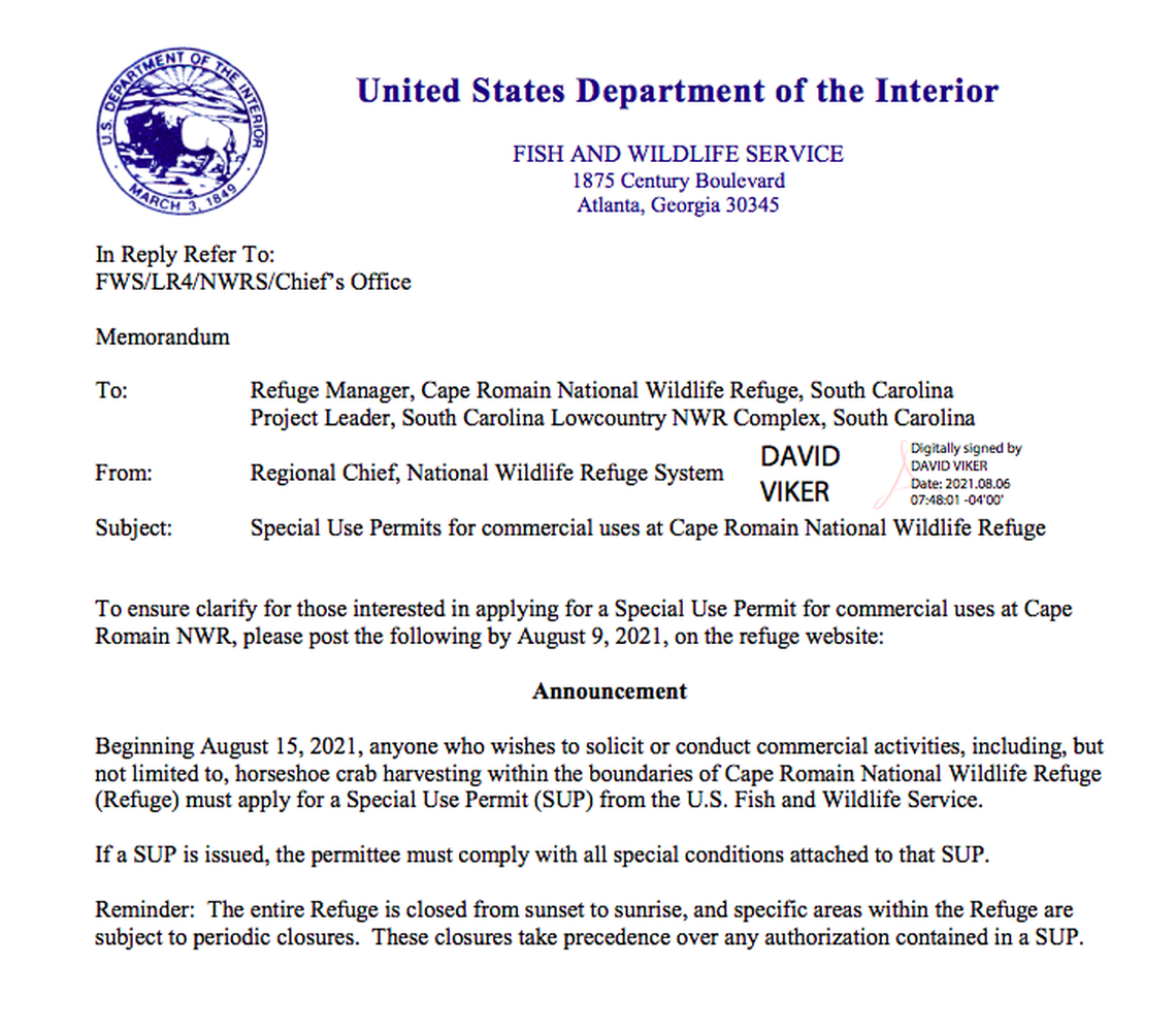This memo from the Fish and Wildlife Service was quietly uploaded to Cape Romain’s website in August.