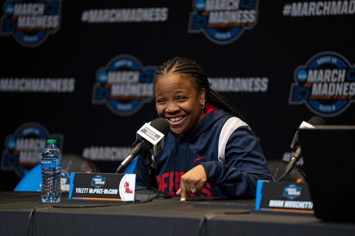Mar 23, 2023; Seattle, Washington, USA; Old Miss Rebels head coach Yolett McPhee-McCuin answers a reporter’s question during a press conference at Climate Pledge Arena. Mandatory Credit: Stephen Brashear-USA TODAY Sports