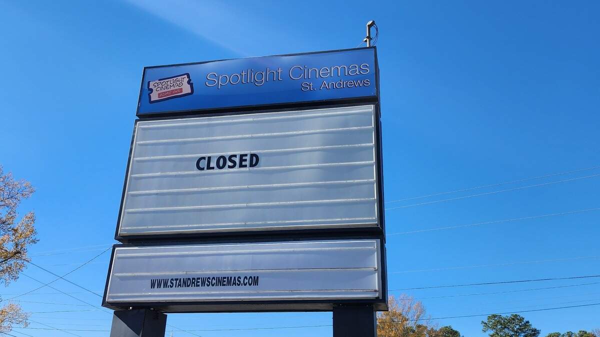 The sign at the Spotlight Cinemas at 527 St. Andrews Road, photographed on Dec. 7, 2023, notes it as closed.