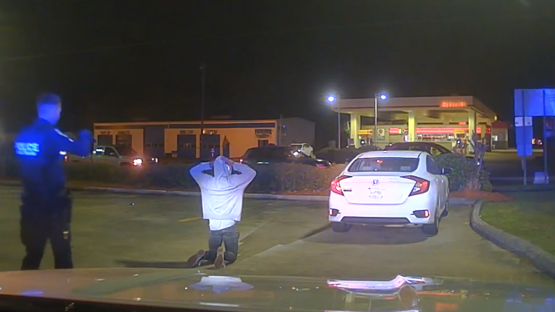 In this screenshot from the dash camera video provided by the Summerville Police Department, a police officer approaches 19-year-old Noah West during a March 21, 2021 traffic stop. The teen’s family has filed a lawsuit against the Town of Summerville and its police department. (Screenshot/Summerville Police Department)