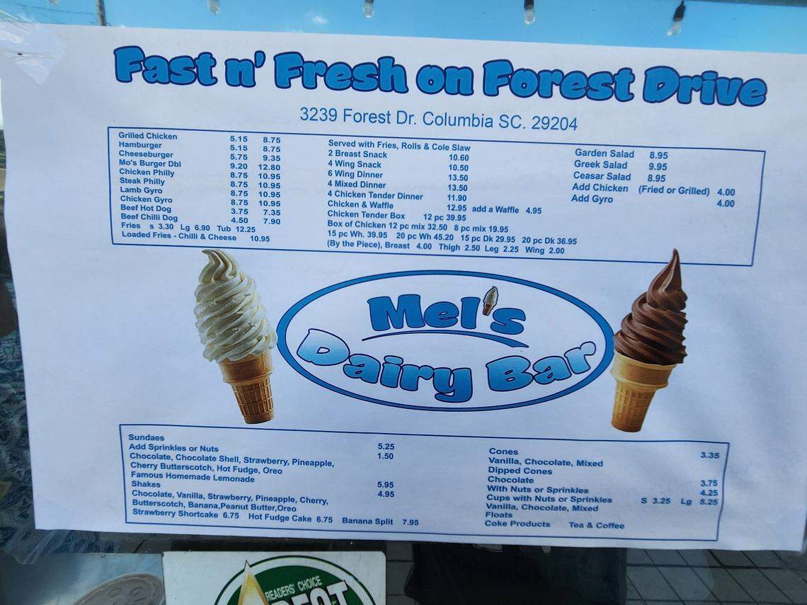 This is the menu at Mel’s Dairy Bar at 3239 Forest Drive in Forest Acres.