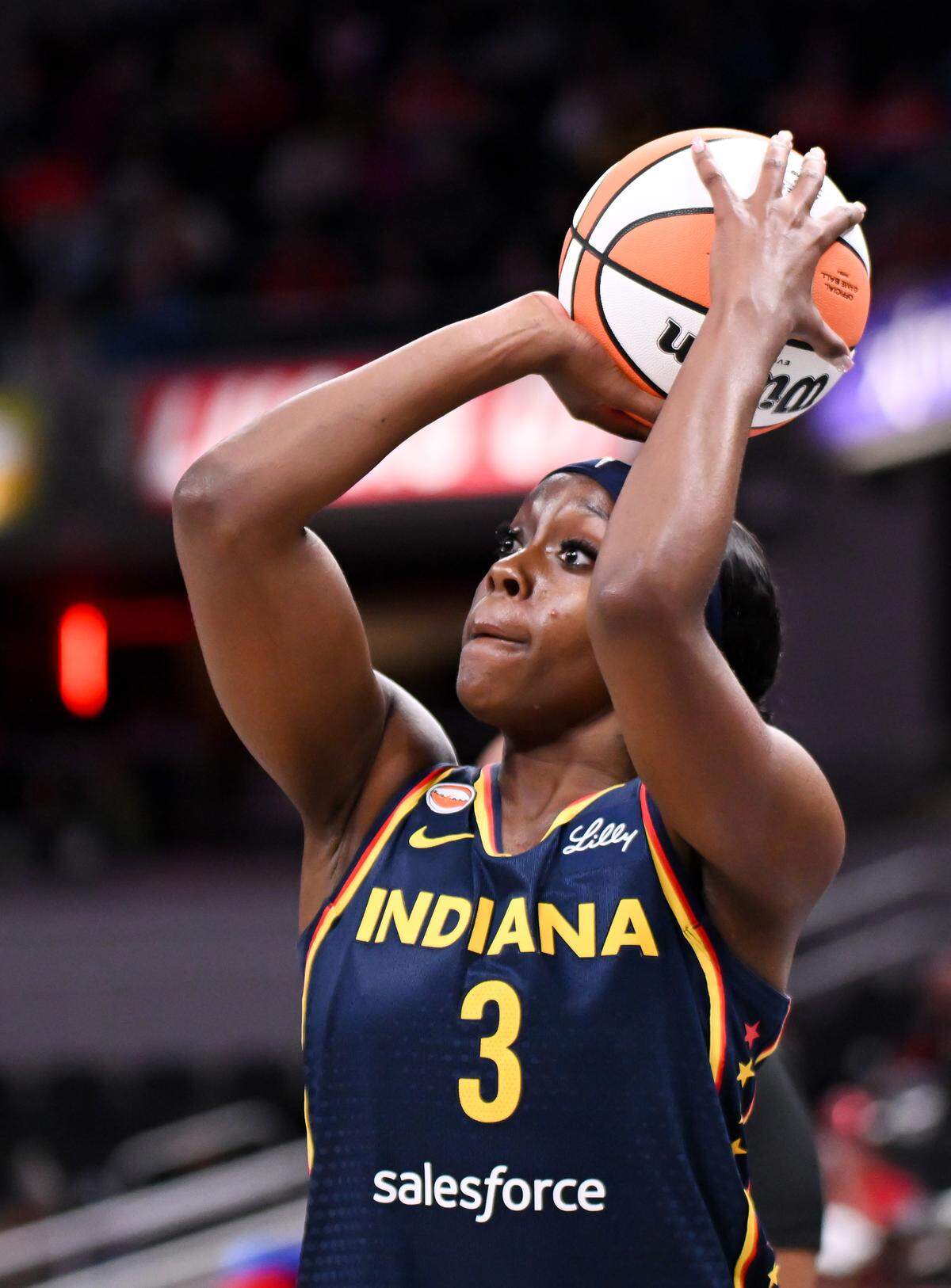 INDIANAPOLIS, INDIANA - MAY 02: Raven Johnson #3 of the Indiana Fever shoots against the Nigeria National Team during the first half at Gainbridge Fieldhouse on May 02, 2026 in Indianapolis, Indiana.