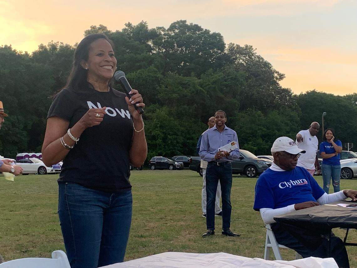 State Sen. Mia McLeod, a Democratic candidate for South Carolina governor, speaks at the annual fish fry hosted by House Majority Whip Jim Clyburn in North Charleston on Saturday, May 7, 2022.