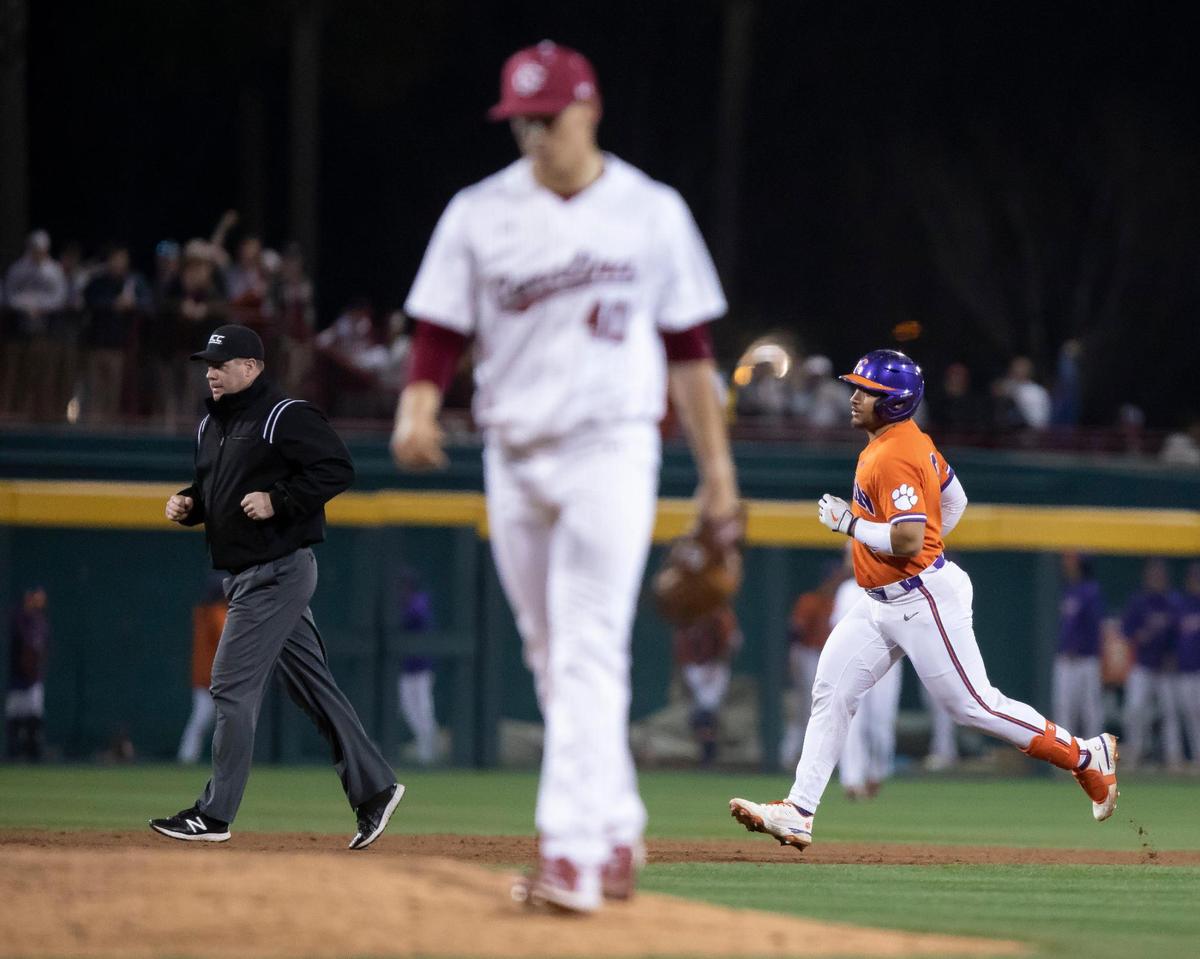 From March 4, 2022: Jonathan French, then with Clemson, rounds the bases after a home run during the Gamecocks’ 3-2 loss at Founders Park.