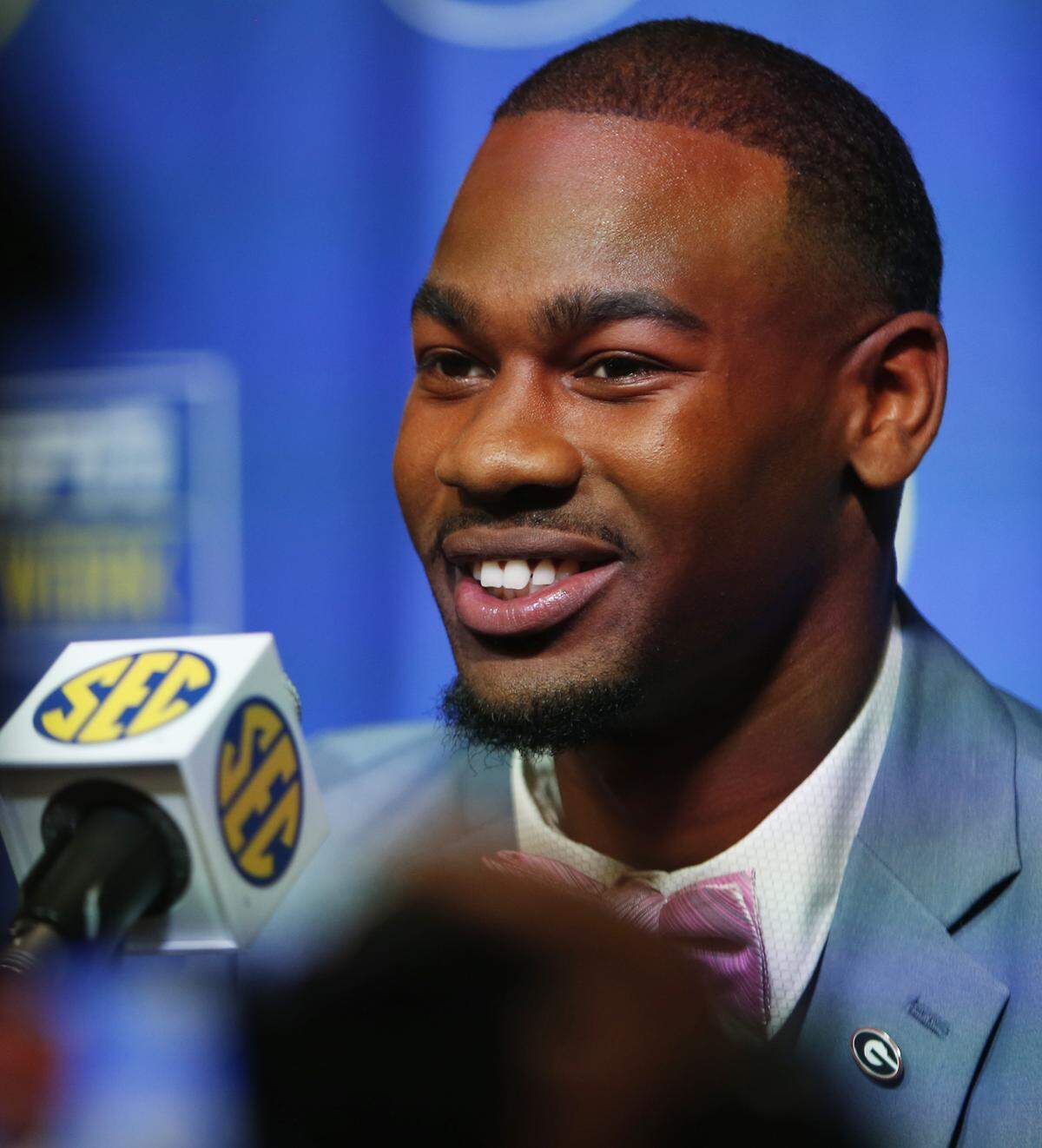 Georgia wide receiver Terry Godwin speaks with the media during the NCAA college football Southeastern Conference media days, Tuesday, July 17, 2018, in Atlanta.