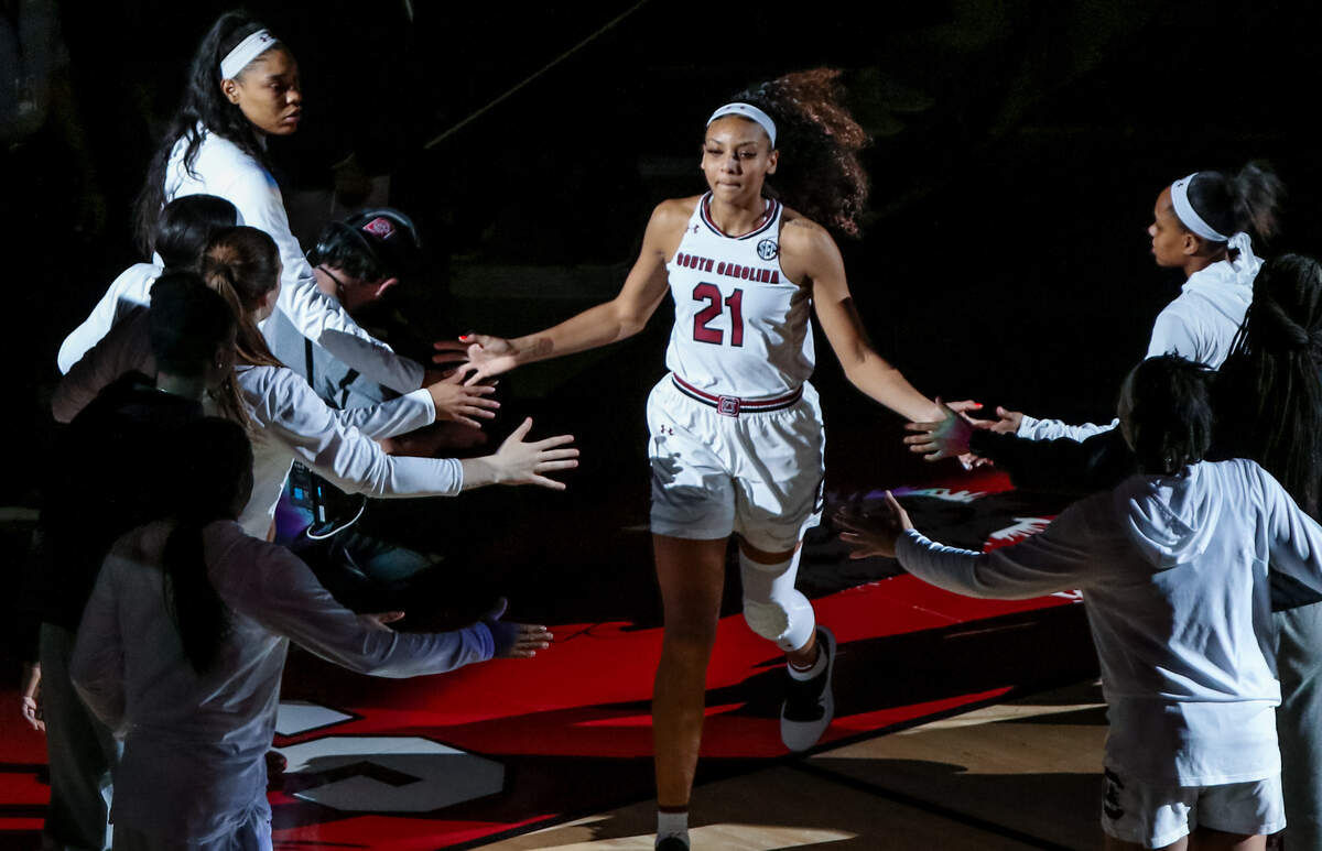 South Carolina’s Mikiah Herbert Harrigan (21) greets teammates in the Colonial Life Arena before taking on Vanderbilt in January 2019.