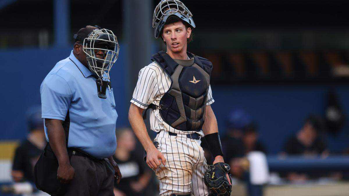 Macon Leppert (8) of Blythewood looks toward the dugout during Game 1 of the Class 5A Upper State championship series in Columbia on Tuesday, May 20, 2025.