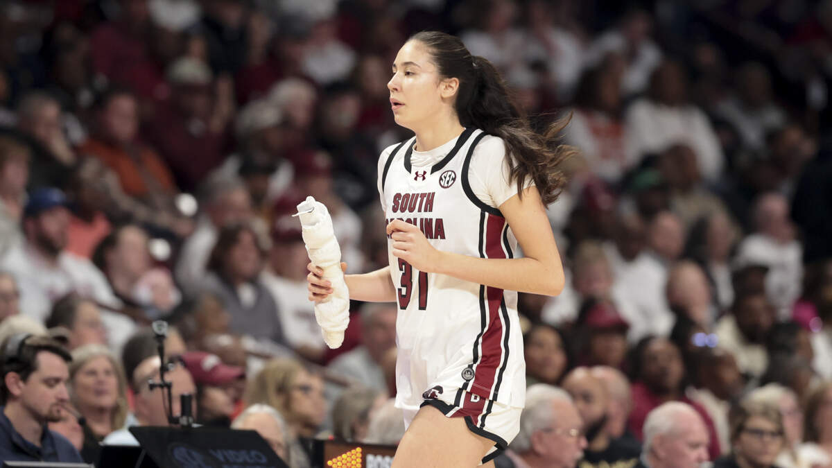 South Carolina's Alicia Tournebize (31) leaves the court during the first half of action of their women's basketball game against Texas at Colonial Life Arena on Thursday, Jan. 15, 2026.