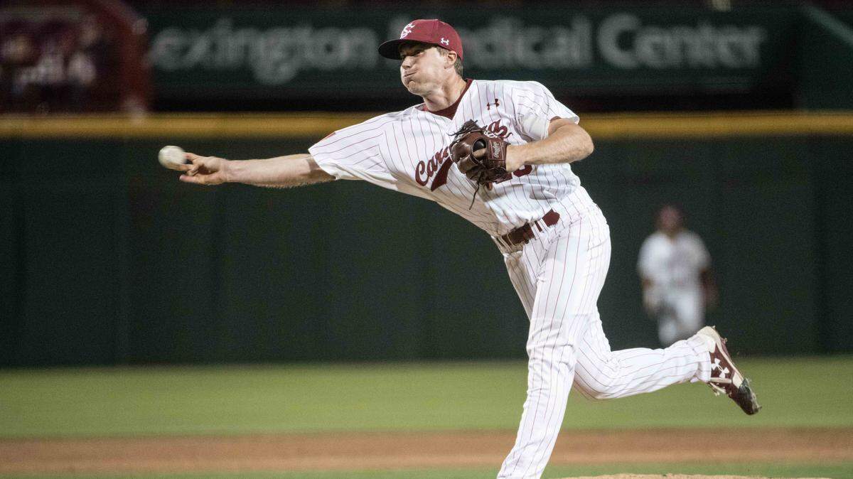 South Carolina pitcher Sawyer Bridges delivers to an LSU batter at Founders Park April 20, 2018, in Columbia, S.C. South Carolina defeated LSU 11-0.