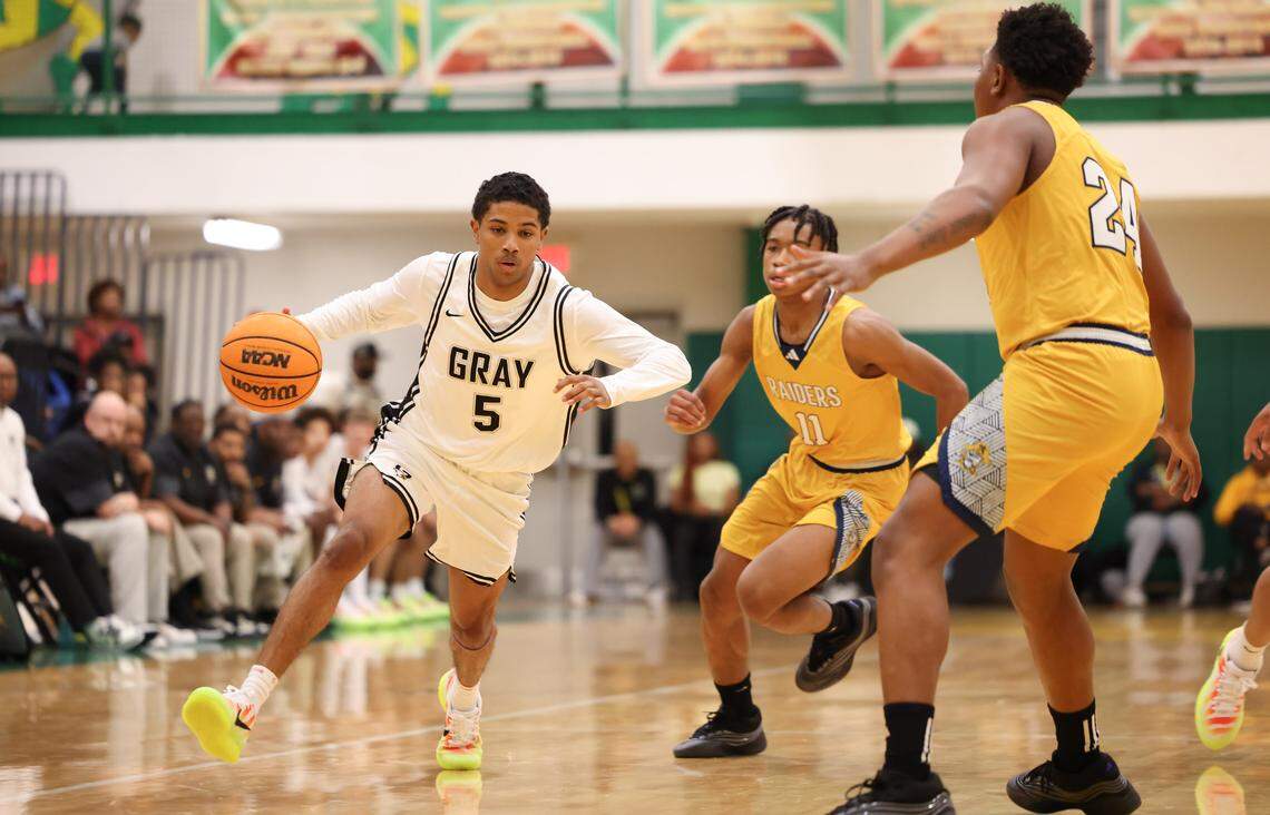 Luis Echevarria (5) of Gray Collegiate drives toward the basket during the MLK Bash at C.A. Johnson High School in Columbia on Saturday, January 17, 2026.
