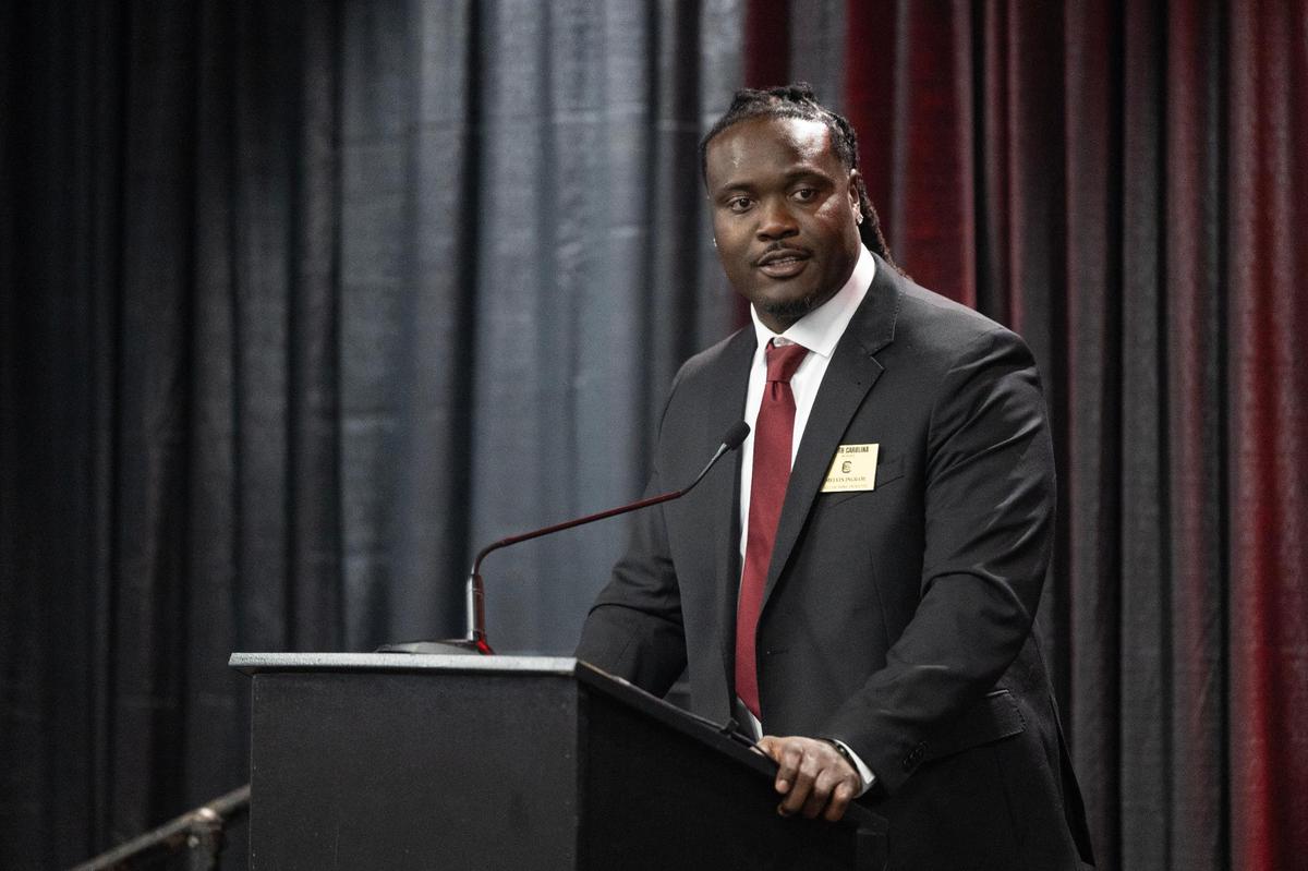 University of South Carolina’s Melvin Ingram, a former Gamecocks football star, is inducted into the university’s hall of fame at Williams-Brice Arena on Friday, November 1, 2024.