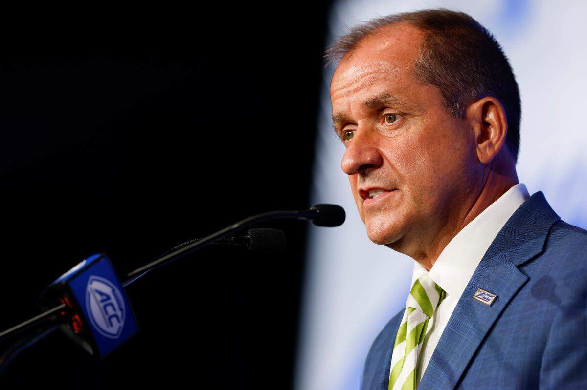 ACC commissioner Jim Phillips speaks to the media at the 2025 ACC Kickoff in Charlotte, N.C., Tuesday, July 22, 2025.