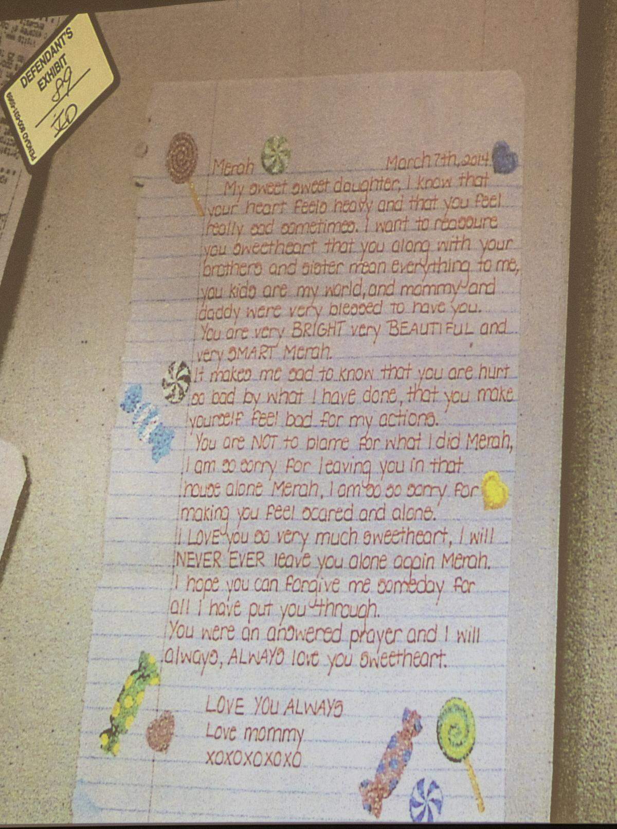 A letter that Amber Kyzer wrote her daughter, Merah, in March of 2014 is evidence in Tim Jones’ death penalty trial in Lexington. Jones is accused of killing the couple’s five young children in 2014. 5/16/19