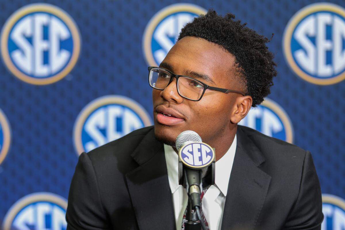 South Carolina Gamecocks quarterback LaNorris Sellers answers questions July 14 during SEC Media Days in Atlanta.