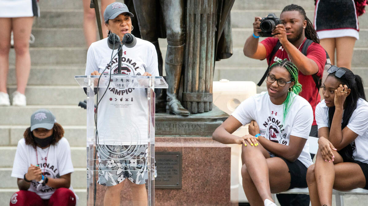 South Carolina head coach Dawn Staley speaks to a crowd assembled in front of the S.C. State House to celebrate the team’s national championship win.
