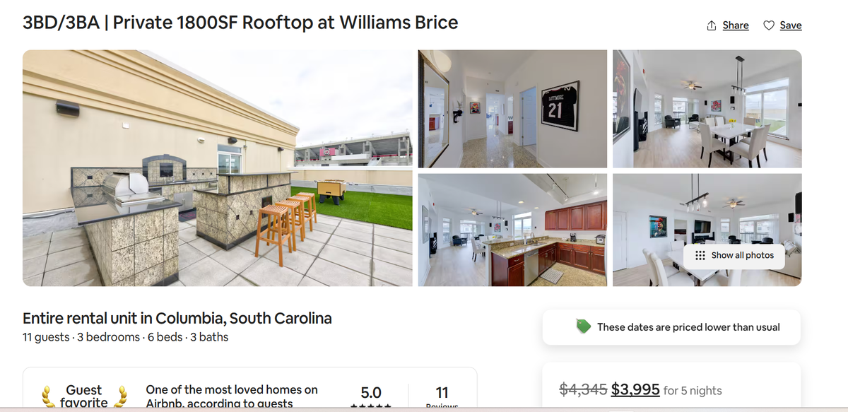 This screenshot shows an Airbnb rental in the Columbia area.